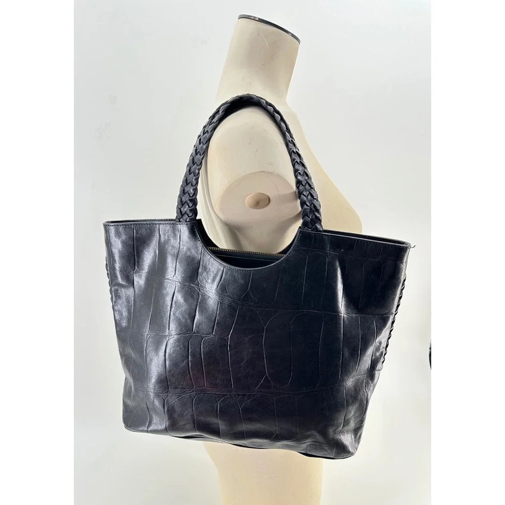 Falor Le Borse Black Croc Embossed Leather Tote Braided Handle Shoulder Bag